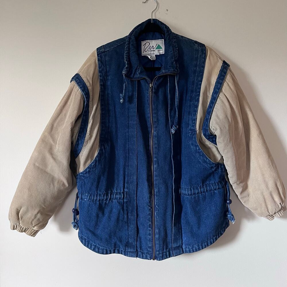 Vintage Denim Puffer Zip Up Coat Western Varsity Quilted Men’s Size Large